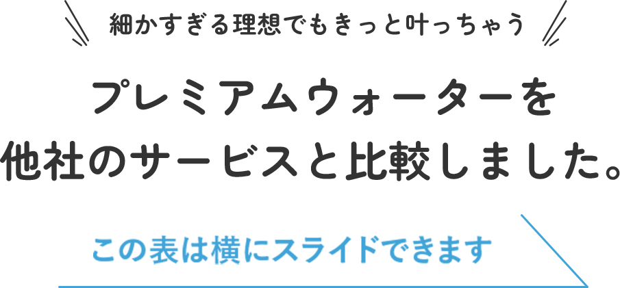 細かすぎる理想でもきっと叶っちゃう プレミアムウォーターを他社のサービスと比較しました。この表は横にスライドできます