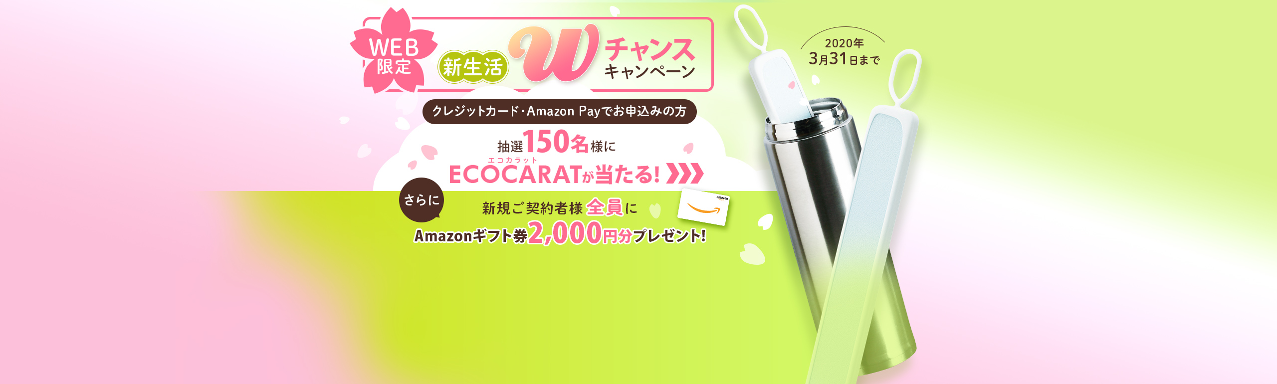 WEB限定！新規ご契約者様全員にAmazonギフト券2,000円分プレゼント！さらにクレジットカード/Amazon Payでお申込みされた方には 抽選で150名様に「ECOCARATボトル乾燥スティック」をプレゼント！