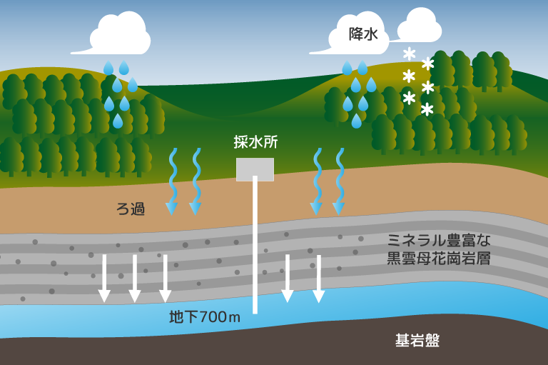 地下約700mからくみ上げた天然水は、炭酸水素イオン、シリカ、サルフェートを含有