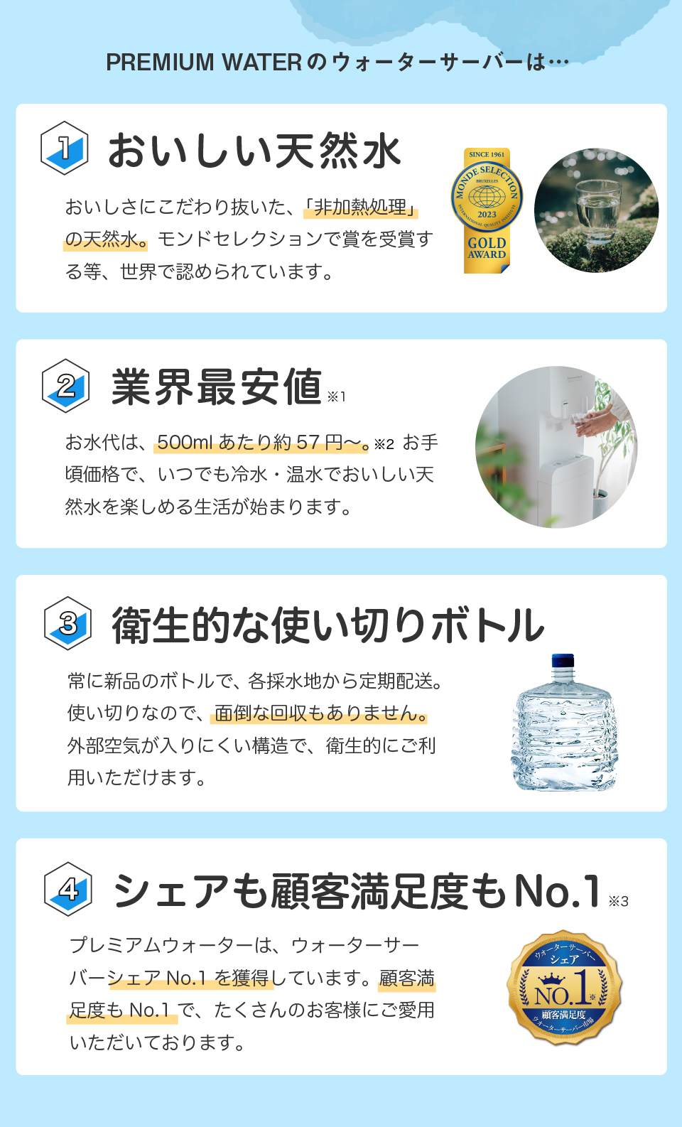 【おいしい天然水のウォーターサーバー】プレミアムウォーターは顧客満足度No.1!